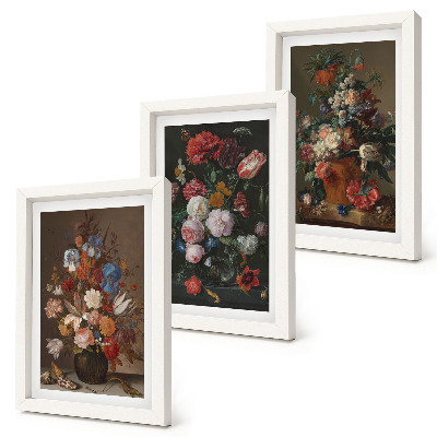 Set 3 slike u okviru Cvijeće u vazama, razne vintage biljne kompozicije