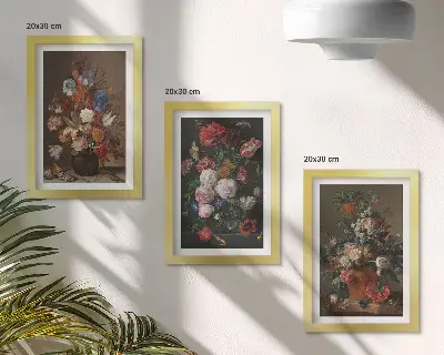 Set od 3 slike u okviru cvijeće u vazama s vintage biljnim kompozicijama
