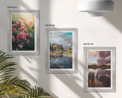 Zidna galerija slika cvijeće u vrtu s planinama i mirnom površinom vode