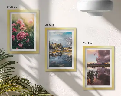 Zidna galerija slika cvijeće u vrtu s planinama i mirnom površinom vode