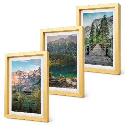 Set 3 slike u okviru Planinski krajolici s jezerom i drvenim molom