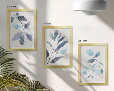 Set od 3 slike u okviru plavo lišće na svijetloj pozadini u akvarel stilu