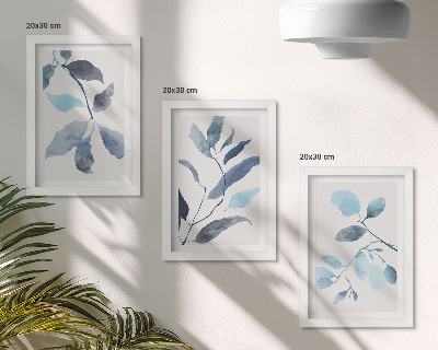 Set 3 slike u okviru Plavo lišće na svijetloj pozadini, akvarelni stil