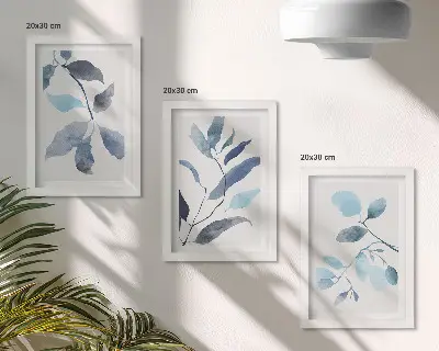 Set od 3 slike u okviru plavo lišće na svijetloj pozadini u akvarel stilu