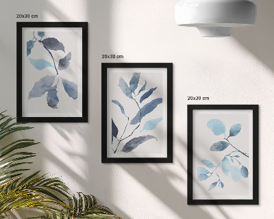 Set 3 slike u okviru Plavo lišće na svijetloj pozadini, akvarelni stil