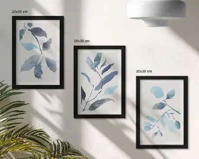 Set od 3 slike u okviru plavo lišće na svijetloj pozadini u akvarel stilu