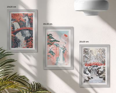 Set 3 slike u okviru Slapovi u različitim godišnjim dobima s mostovima i drvećem