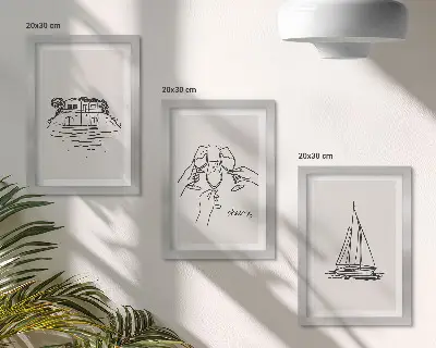 Zidna galerija slika pogled na kuću uz vodu s jedrilicom i nazdravljanjem čašama