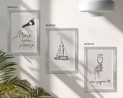 Set 3 slike u okviru čaša za šampanjac s motivom jedrilice u linearnom stilu