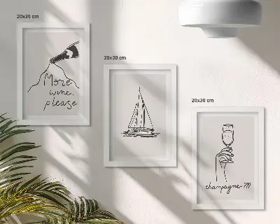 Set 3 slike u okviru čaša za šampanjac s motivom jedrilice u linearnom stilu