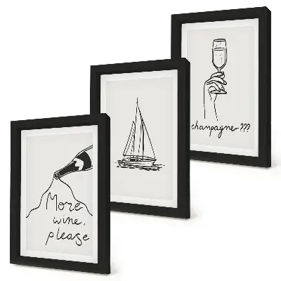 Set 3 slike u okviru čaša za šampanjac s motivom jedrilice u linearnom stilu