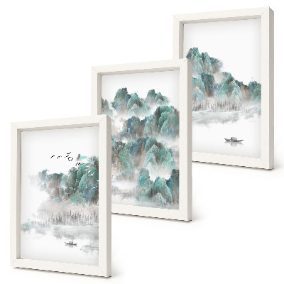 Set 3 slike u okviru Planine u oblacima s pticama i čamcem na vodi (japandi)
