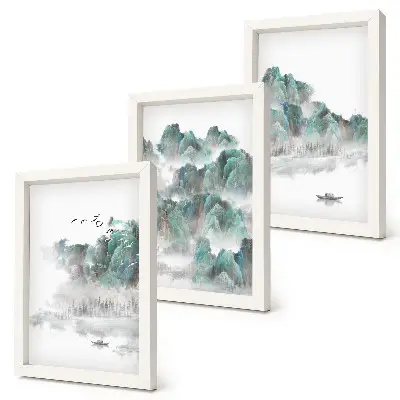 Set od 3 slike u okviru planine u oblacima s pticama i čamcem na vodi u japandi stilu