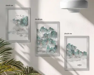 Set od 3 slike u okviru planine u oblacima s pticama i čamcem na vodi u japandi stilu