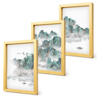 Set 3 slike u okviru Planine u oblacima s pticama i čamcem na vodi (japandi)