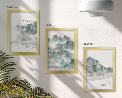 Set 3 slike u okviru Planine u oblacima s pticama i čamcem na vodi (japandi)