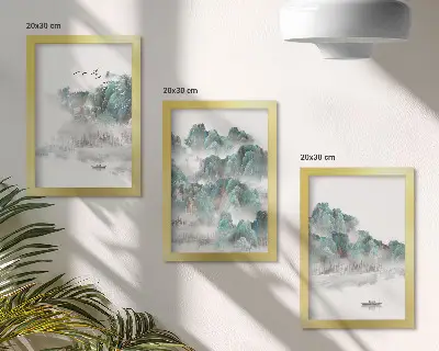 Set od 3 slike u okviru planine u oblacima s pticama i čamcem na vodi u japandi stilu