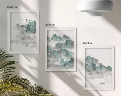 Set od 3 slike u okviru planine u oblacima s pticama i čamcem na vodi u japandi stilu