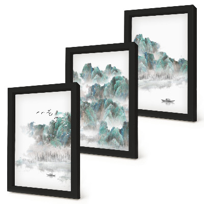 Set 3 slike u okviru Planine u oblacima s pticama i čamcem na vodi (japandi)