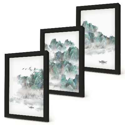 Set od 3 slike u okviru planine u oblacima s pticama i čamcem na vodi u japandi stilu