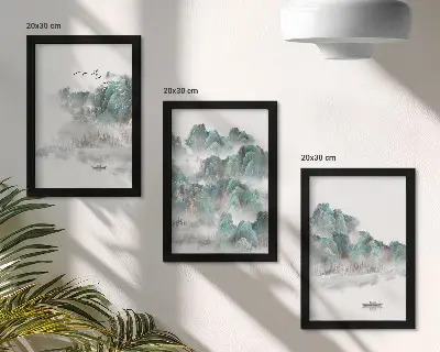Set od 3 slike u okviru planine u oblacima s pticama i čamcem na vodi u japandi stilu