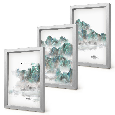 Set 3 slike u okviru Planine u oblacima s pticama i čamcem na vodi (japandi)