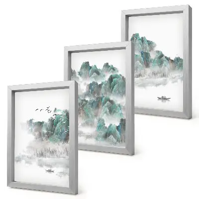 Set od 3 slike u okviru planine u oblacima s pticama i čamcem na vodi u japandi stilu