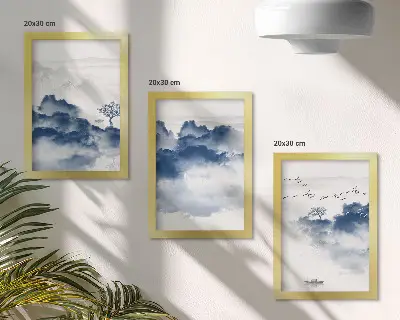 Komplet slika u okviru oblačne planine s drvećem i pticama u pozadini