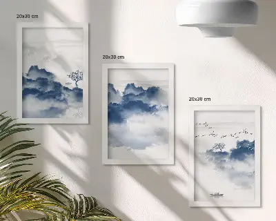 Komplet slika u okviru oblačne planine s drvećem i pticama u pozadini
