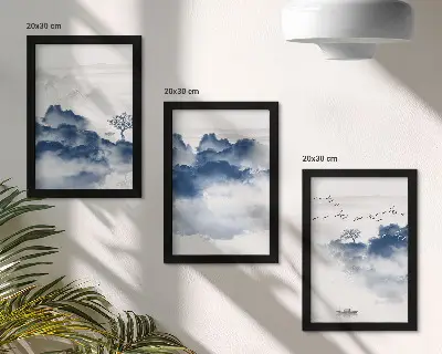 Komplet slika u okviru oblačne planine s drvećem i pticama u pozadini