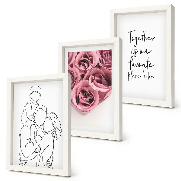 Set od 3 slike u okviru obiteljski lineart buketi ruža s kućnim natpisom