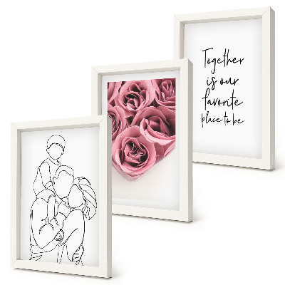 Set 3 slike u okviru Obiteljski lineart buketi ruža kućni natpis