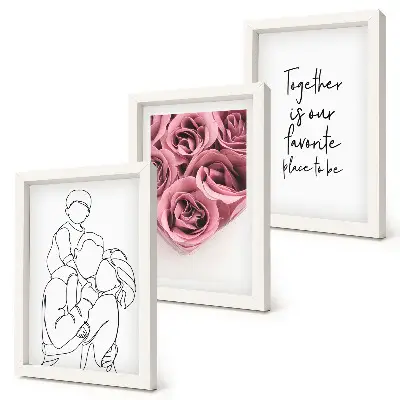 Set od 3 slike u okviru obiteljski lineart buketi ruža s kućnim natpisom