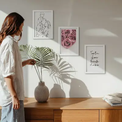 Set od 3 slike u okviru obiteljski lineart buketi ruža s kućnim natpisom