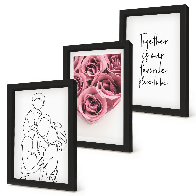 Set 3 slike u okviru Obiteljski lineart buketi ruža kućni natpis