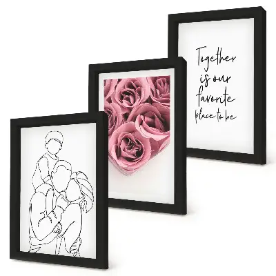 Set od 3 slike u okviru obiteljski lineart buketi ruža s kućnim natpisom