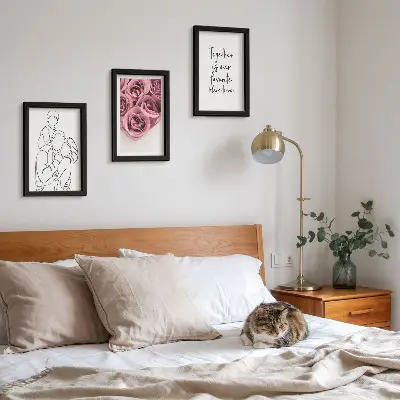 Set od 3 slike u okviru obiteljski lineart buketi ruža s kućnim natpisom
