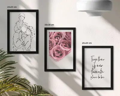 Set od 3 slike u okviru obiteljski lineart buketi ruža s kućnim natpisom