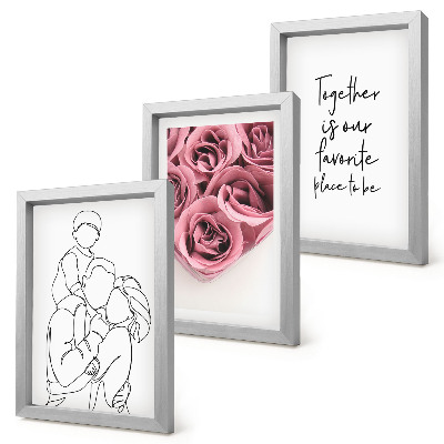 Set 3 slike u okviru Obiteljski lineart buketi ruža kućni natpis