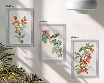 Set 3 slike u okviru Oslikano retro cvijeće i ptica na grani