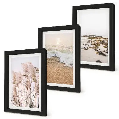 Set 3 slike u okviru motivi valova trave na plaži i morskog kamenja u boemskom stilu