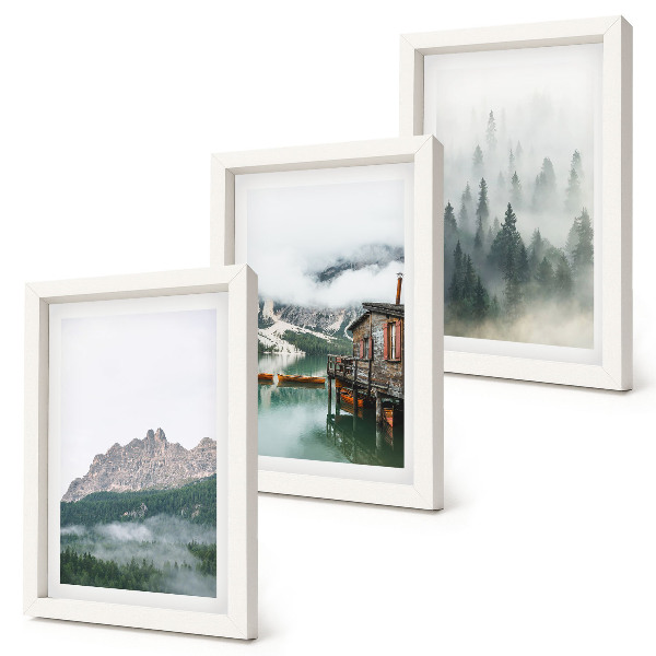 Komplet slika u okviru Planine, jezero, vikendica i magla u šumi