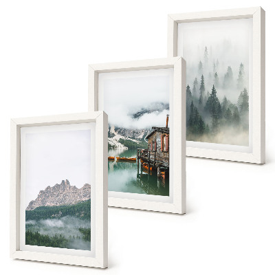 Komplet slika u okviru Planine, jezero, vikendica i magla u šumi