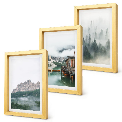 Komplet slika u okviru Planine, jezero, vikendica i magla u šumi