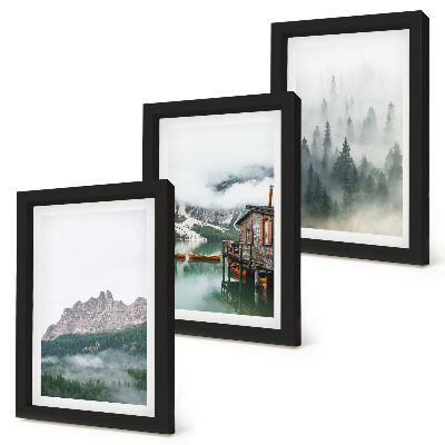 Komplet slika u okviru Planine, jezero, vikendica i magla u šumi
