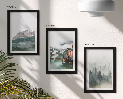 Komplet slika u okviru Planine, jezero, vikendica i magla u šumi