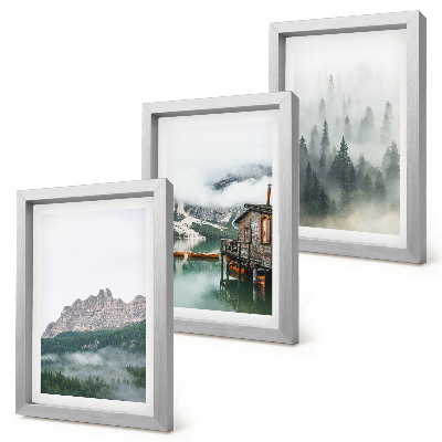 Komplet slika u okviru Planine, jezero, vikendica i magla u šumi