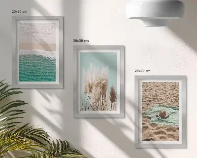 Komplet slika u okviru morski motiv s plažom, valovima, travom, šeširom i pijeskom za opuštanje u prirodi
