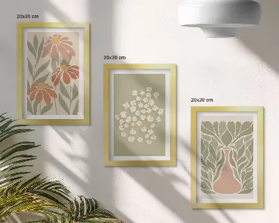 Zidna galerija slika s cvjetnim motivima, minimalističkim uzorcima i boho stilom