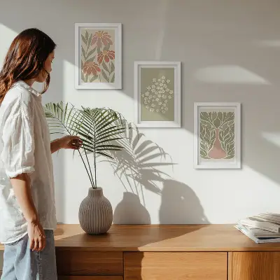 Zidna galerija slika s cvjetnim motivima, minimalističkim uzorcima i boho stilom